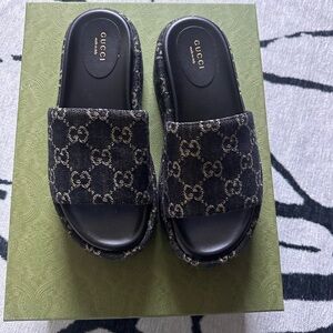 Gucci GG black denim canvas platform slide sandals 37.5